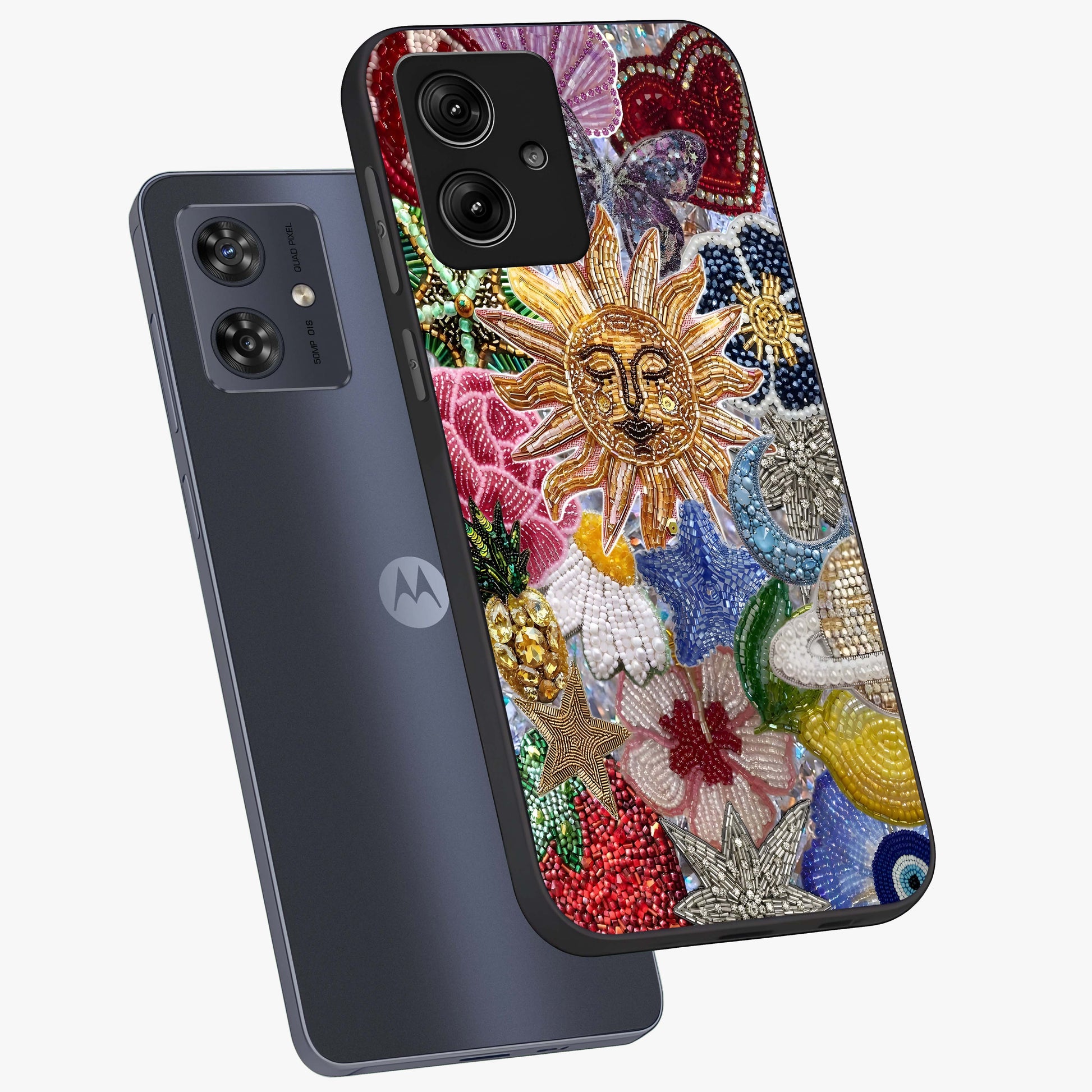 Celestial Floral and Playful Glass Case displayed in angled mockup highlighting playful floral design with dreamy celestial elements.