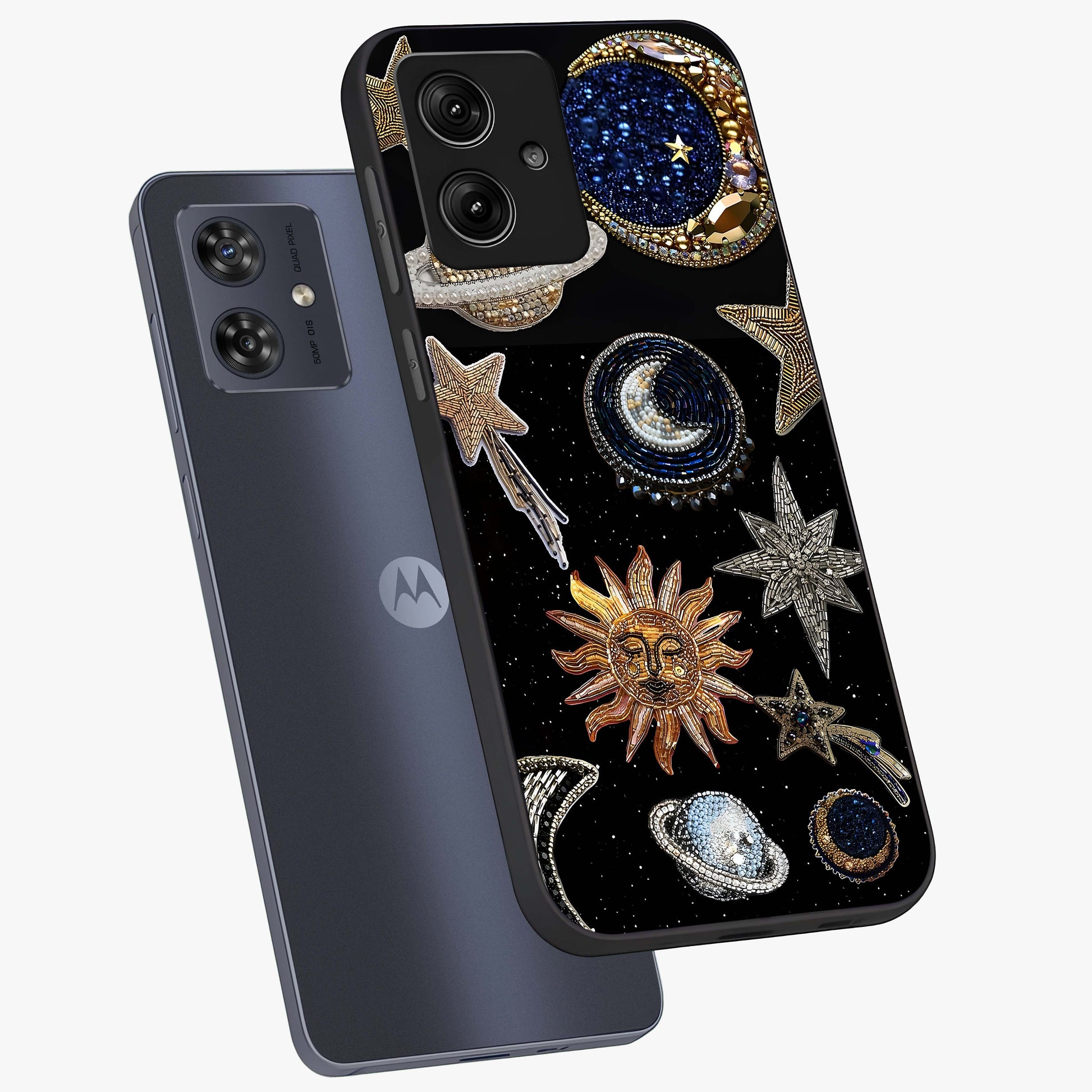 Celestial Gem Constellations Glass Case displayed in angled mockup highlighting gemstone inspired constellation design.