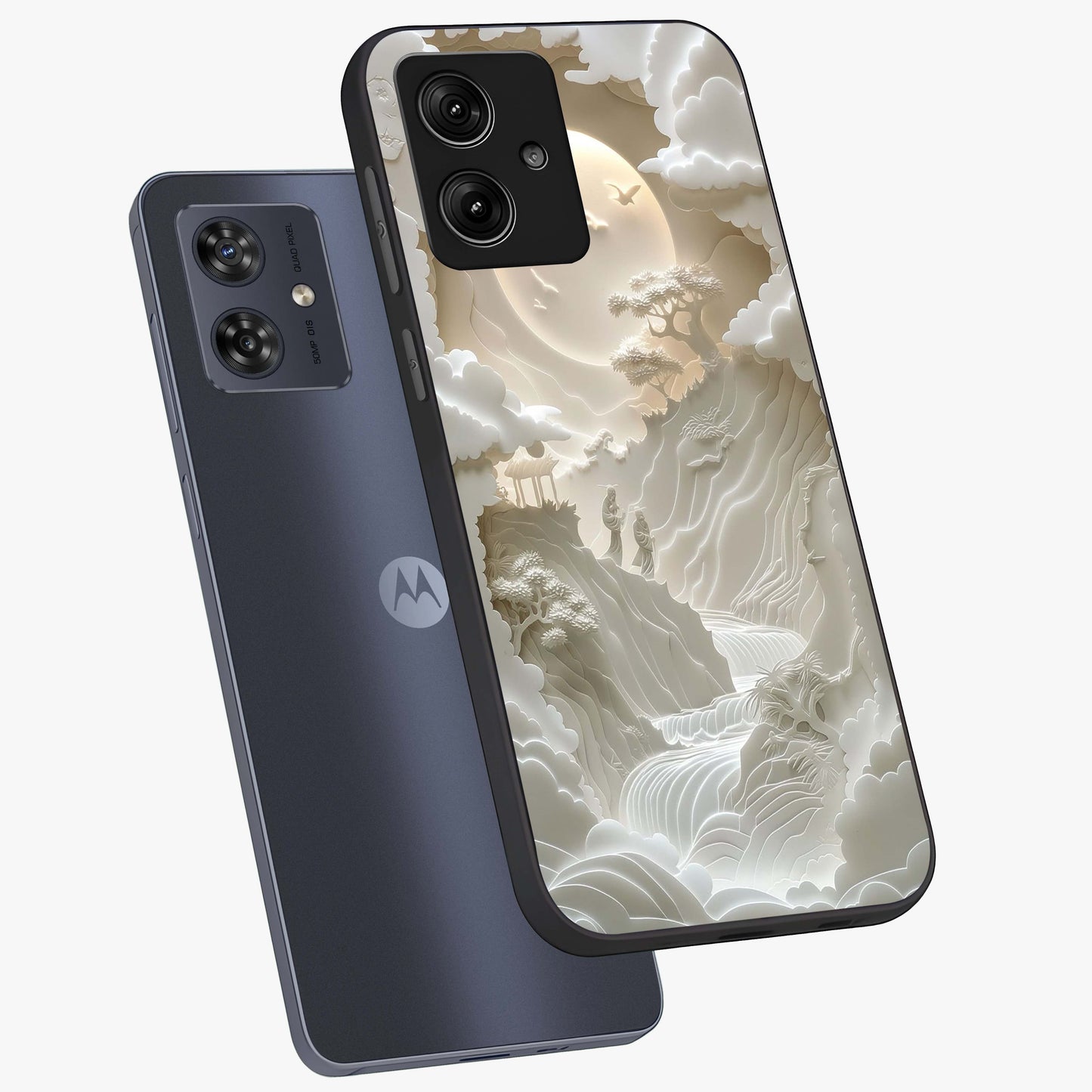 Celestial Origami Glass Case displayed in angled mockup highlighting geometric origami design with cosmic aesthetic theme.