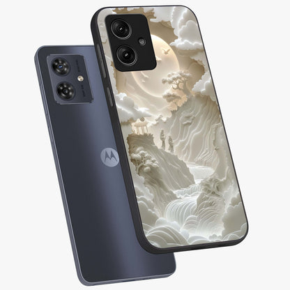 Celestial Origami Glass Case displayed in angled mockup highlighting geometric origami design with cosmic aesthetic theme.