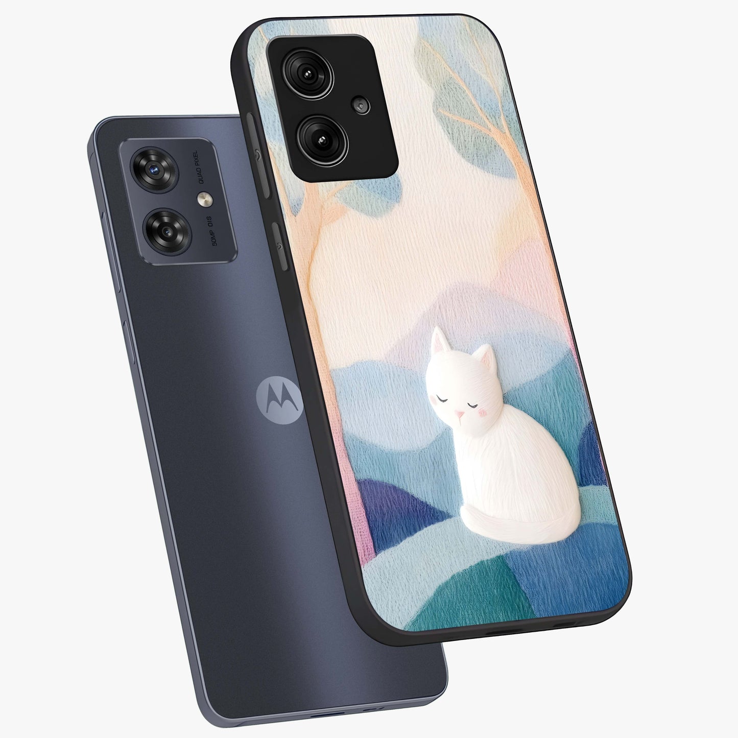 Cotton Dream Cat Glass Case displayed in angled mockup highlighting cute feline illustration with pastel aesthetic style.