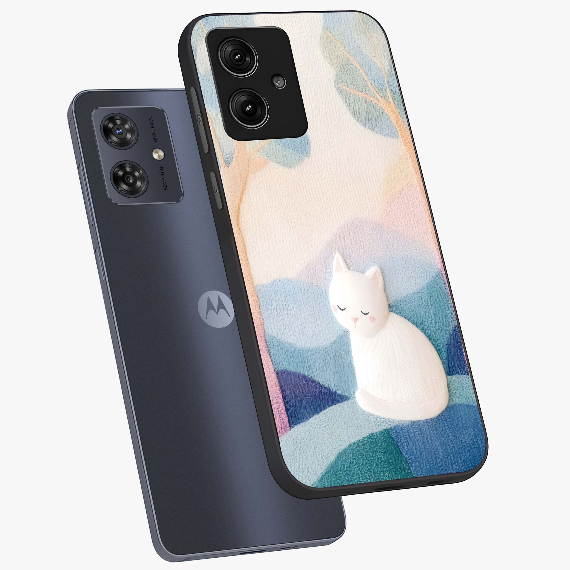 Cotton Dream Cat Glass Case displayed in angled mockup highlighting cute feline illustration with pastel aesthetic style.