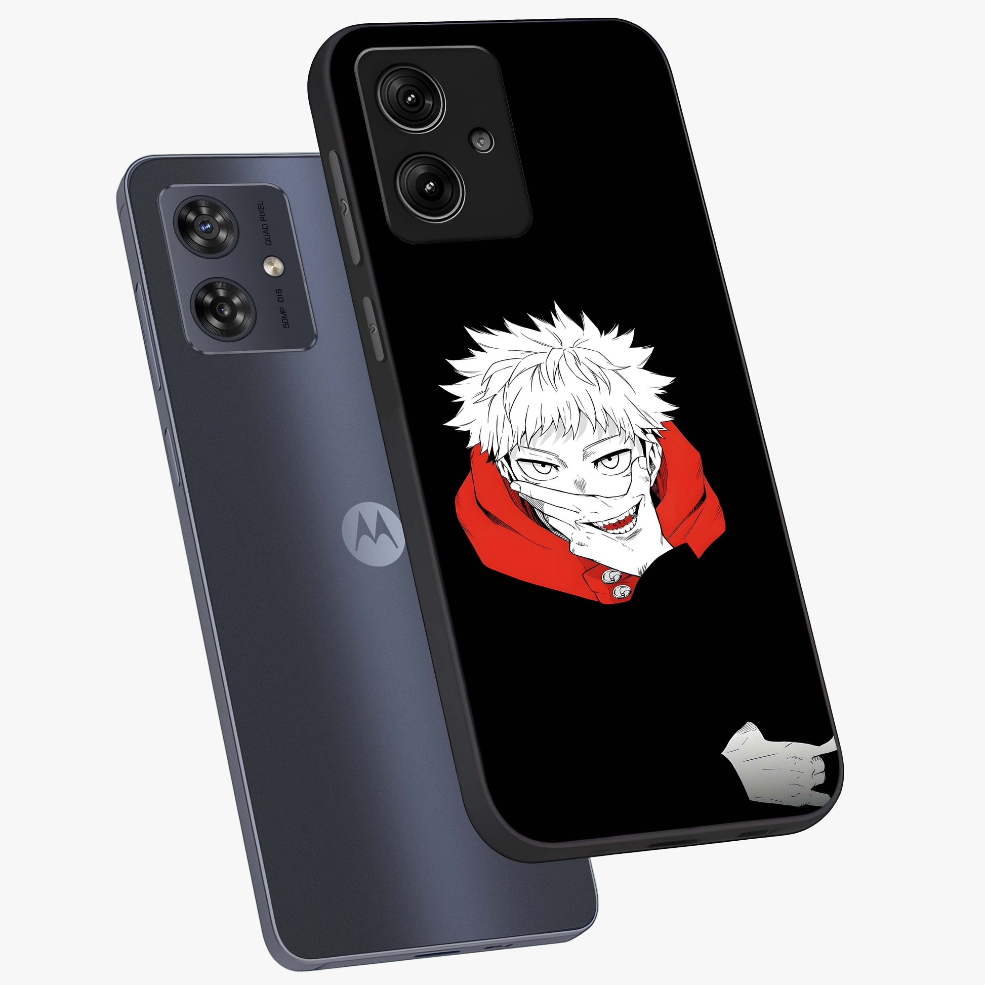 Crimson Chaos Smile Glass Case displayed in angled mockup highlighting edgy crimson smile design with graphic aesthetic.