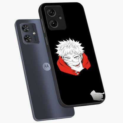 Crimson Chaos Smile Glass Case displayed in angled mockup highlighting edgy crimson smile design with graphic aesthetic.