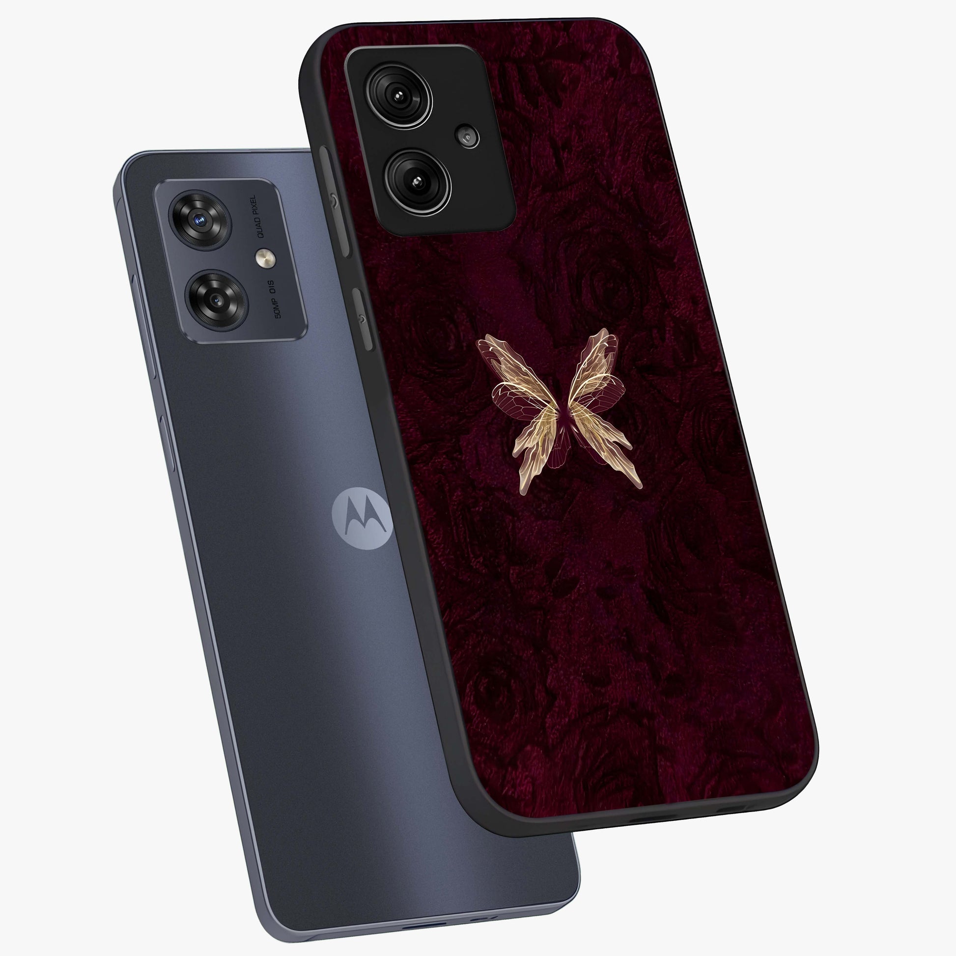 Crimson Fade Butterfly Glass Case displayed in angled mockup highlighting elegant butterfly design with crimson gradient aesthetic.
