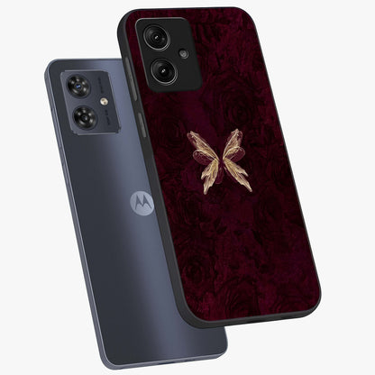 Crimson Fade Butterfly Glass Case displayed in angled mockup highlighting elegant butterfly design with crimson gradient aesthetic.