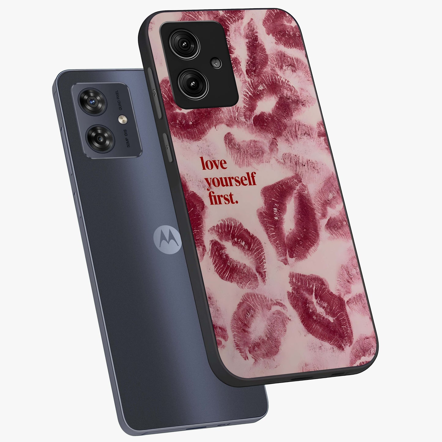 Crimson Kiss Love Glass Case displayed in angled mockup highlighting bold love inspired design with modern aesthetic style.