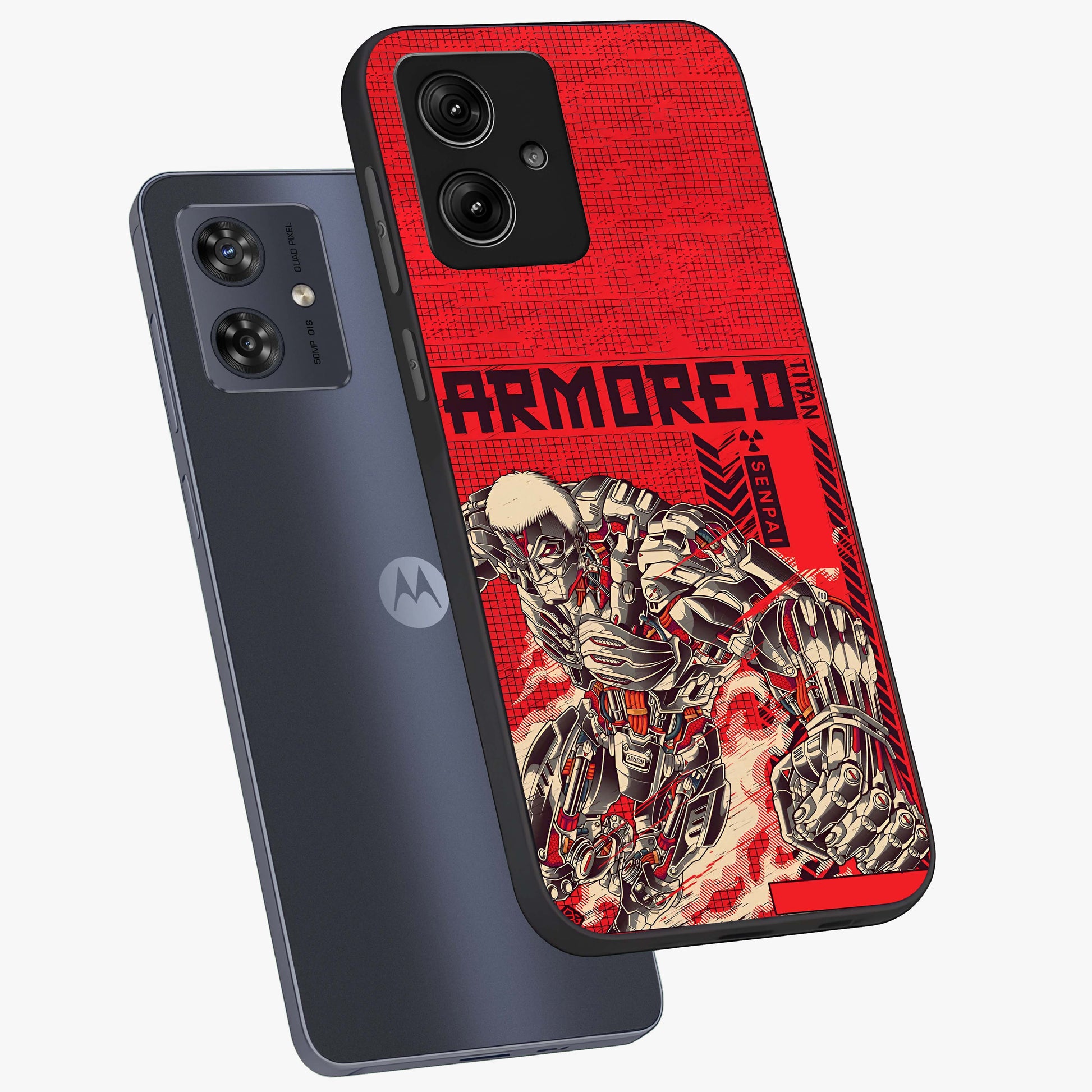 Crimson Mecha Titan Glass Case displayed in angled mockup highlighting futuristic mech illustration with bold crimson aesthetic.