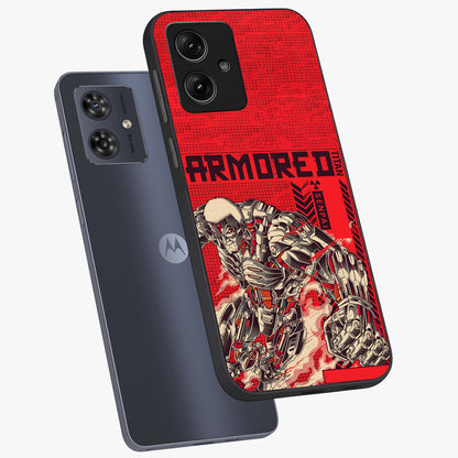 Crimson Mecha Titan Glass Case displayed in angled mockup highlighting futuristic mech illustration with bold crimson aesthetic.