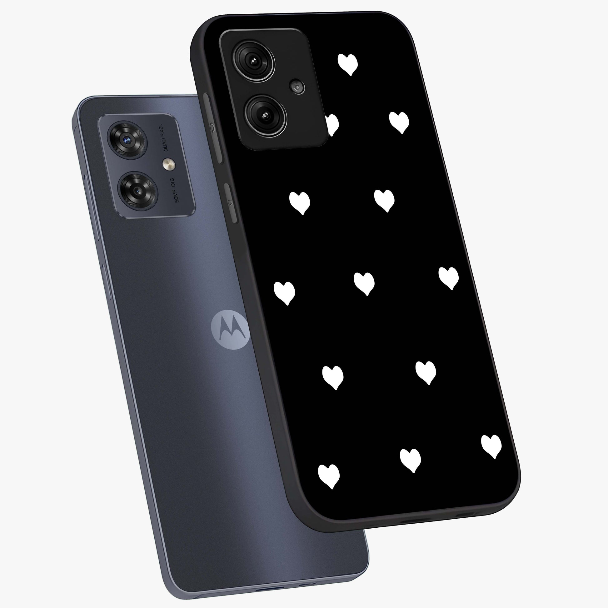 Cute And Simple White Hearts Glass Case displayed in angled mockup highlighting cute heart design with clean aesthetic style.