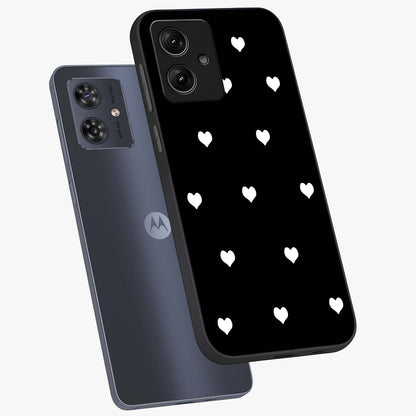Cute And Simple White Hearts Glass Case displayed in angled mockup highlighting cute heart design with clean aesthetic style.