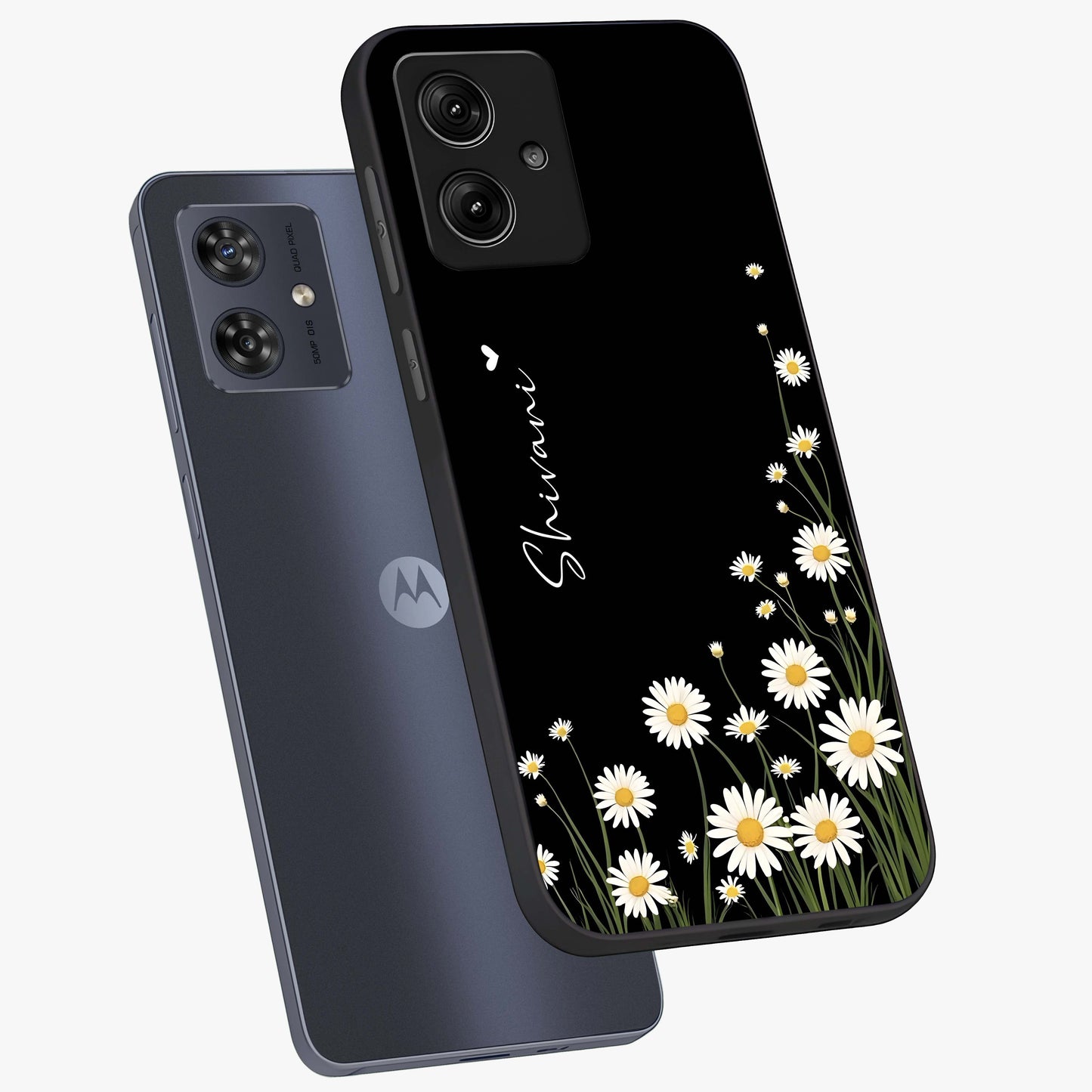 Daisy Cascade Custom Name Glass Case displayed in angled mockup highlighting delicate daisy artwork with custom name feature.