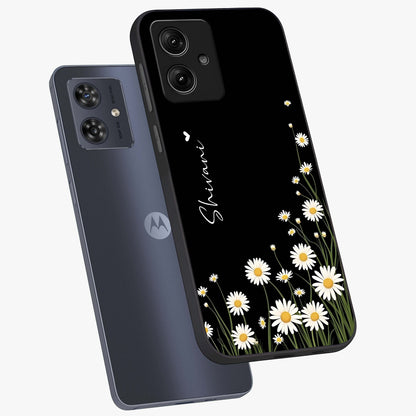 Daisy Cascade Custom Name Glass Case displayed in angled mockup highlighting delicate daisy artwork with custom name feature.