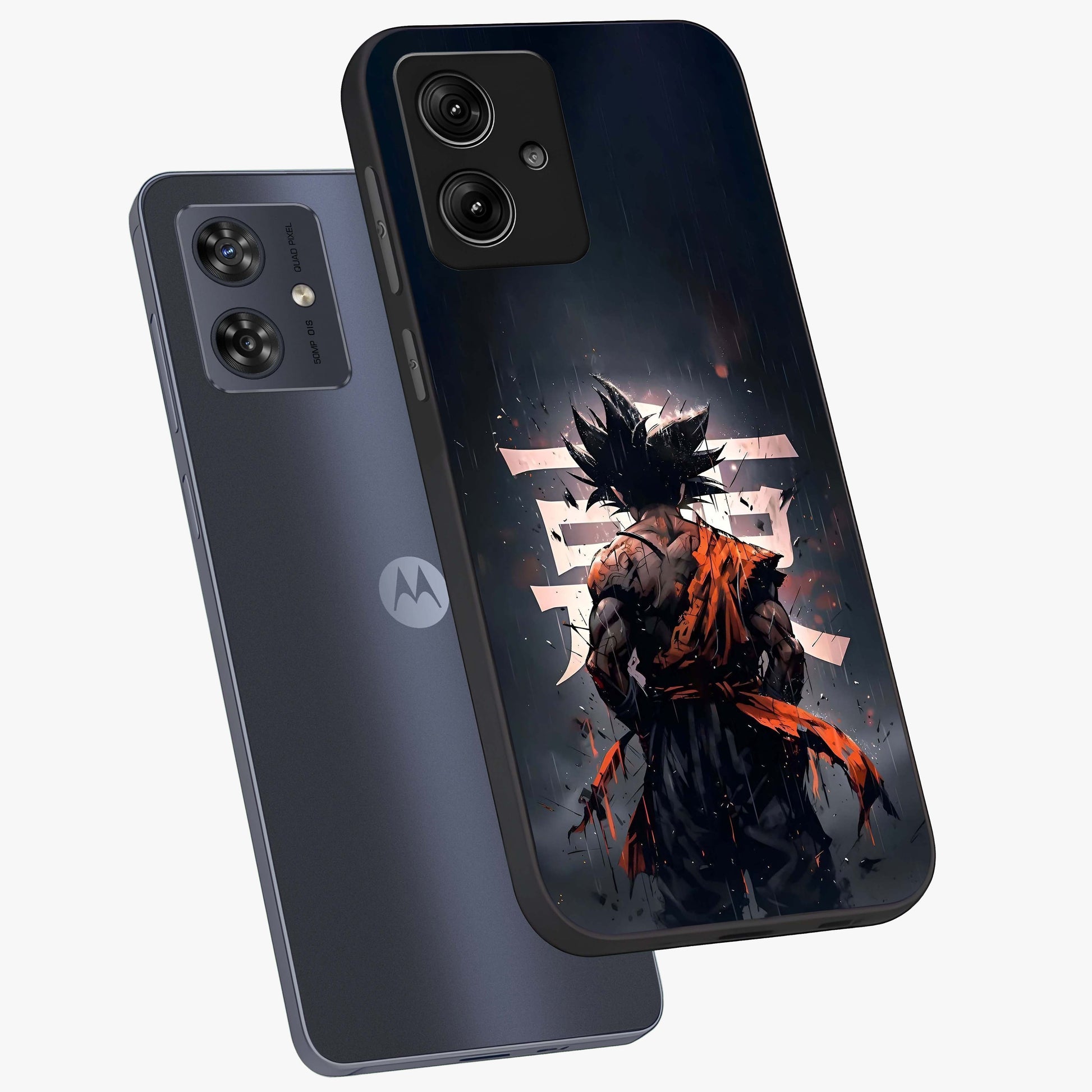 Dark Warrior In Rain Glass Case displayed in angled mockup highlighting dramatic warrior illustration with dark rain aesthetic.