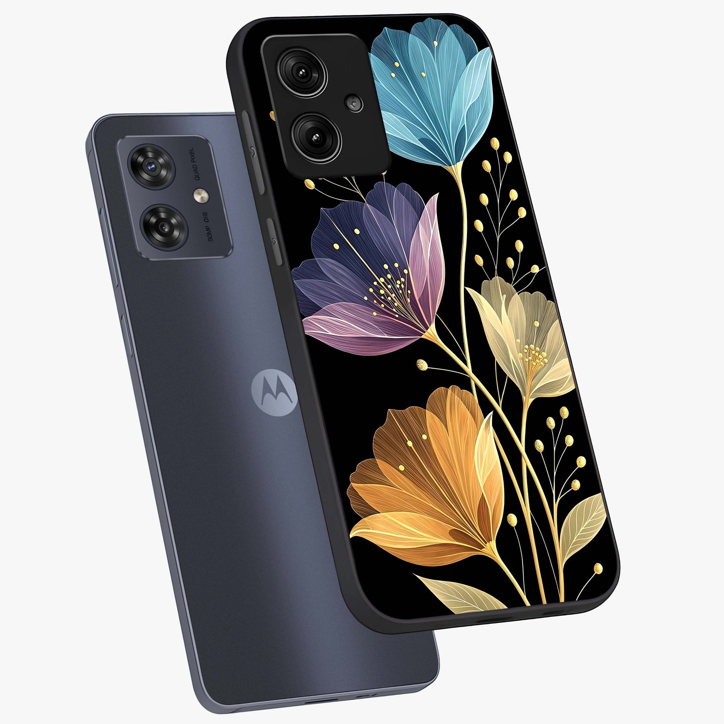 Delicate Multicolor Flowers Glass Case displayed in angled mockup highlighting colorful flower pattern with soft aesthetic style.