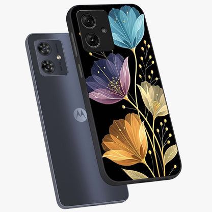 Delicate Multicolor Flowers Glass Case displayed in angled mockup highlighting colorful flower pattern with soft aesthetic style.