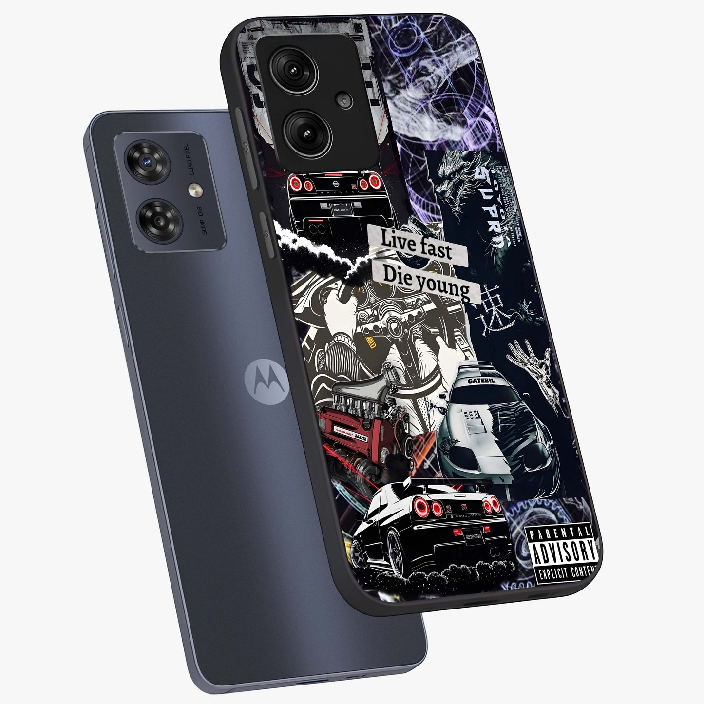 Die Young Glass Case displayed in angled mockup highlighting expressive graphic artwork with edgy aesthetic style.