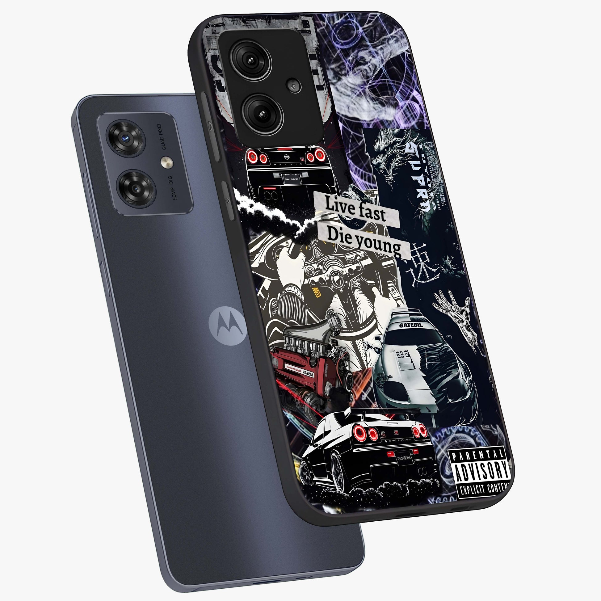 Die Young Glass Case displayed in angled mockup highlighting expressive graphic artwork with edgy aesthetic style.