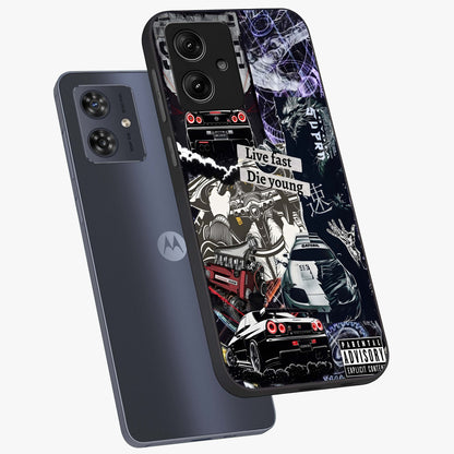 Die Young Glass Case displayed in angled mockup highlighting expressive graphic artwork with edgy aesthetic style.
