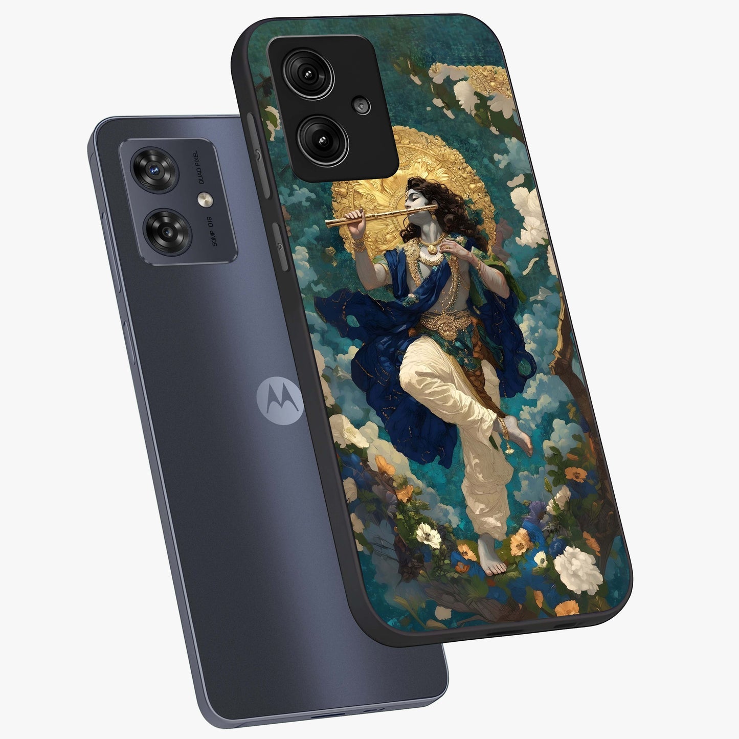 Divine Krishna Art Glass Case displayed in angled mockup highlighting spiritual Krishna illustration with devotional aesthetic.