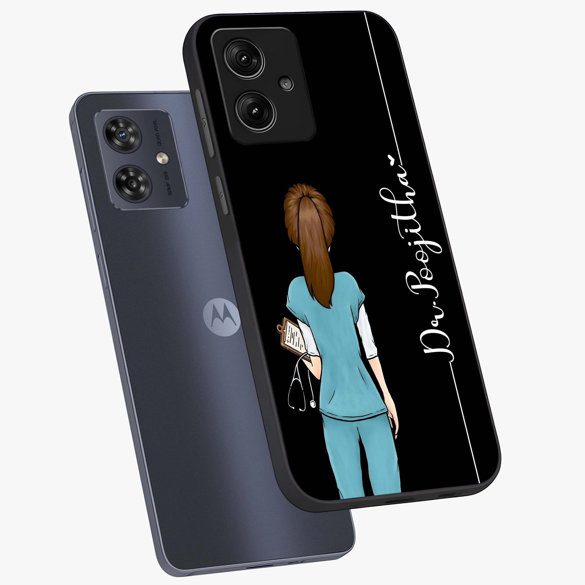 Doctor Pattern Custom Name Glass Case displayed in angled mockup highlighting doctor inspired artwork with custom name feature.