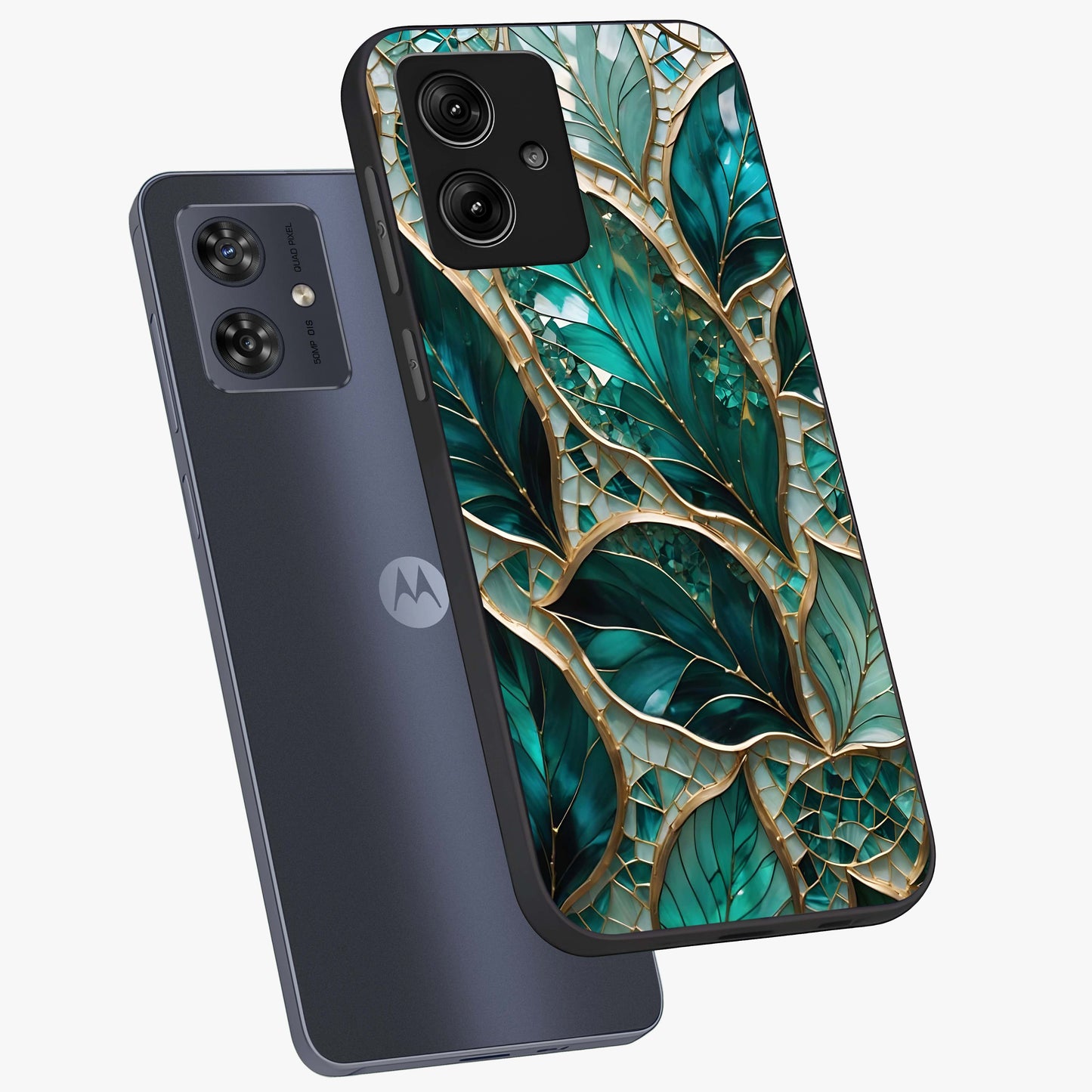 Emerald Leaf Glass Glass Case displayed in angled mockup highlighting botanical leaf illustration with elegant natural aesthetic.