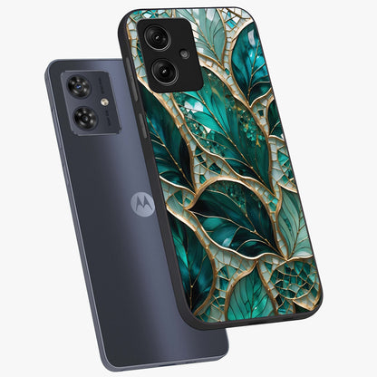 Emerald Leaf Glass Glass Case displayed in angled mockup highlighting botanical leaf illustration with elegant natural aesthetic.