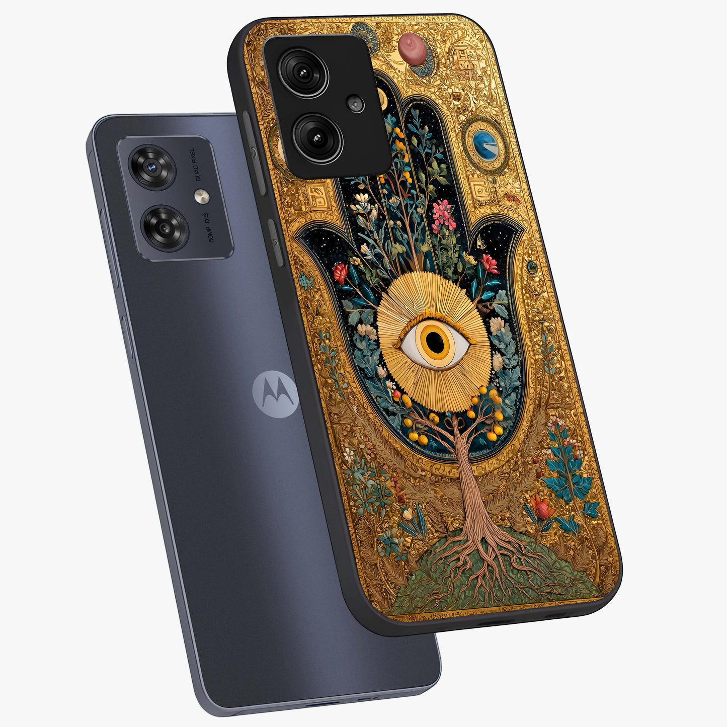 Ethereal Evil Eye Glass Case displayed in angled mockup highlighting protective evil eye symbol with spiritual aesthetic design.