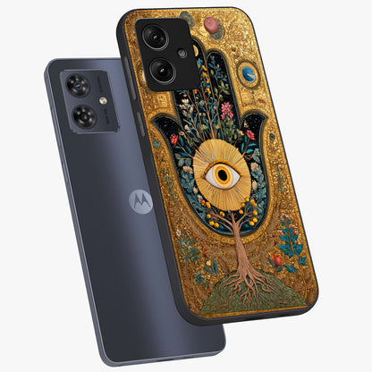 Ethereal Evil Eye Glass Case displayed in angled mockup highlighting protective evil eye symbol with spiritual aesthetic design.