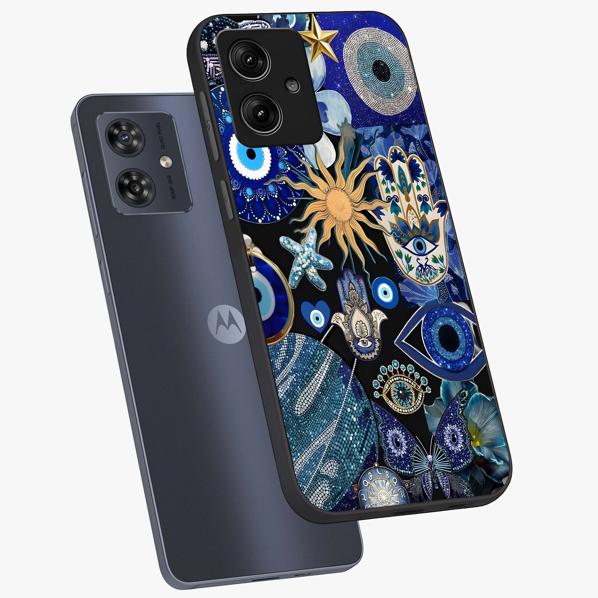 Evil Eye Charm Mix Glass Case displayed in angled mockup highlighting protective evil eye symbols with spiritual aesthetic design.