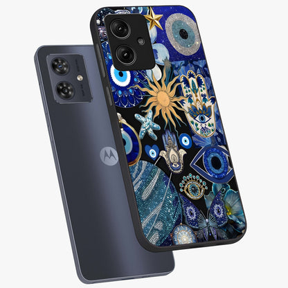 Evil Eye Charm Mix Glass Case displayed in angled mockup highlighting protective evil eye symbols with spiritual aesthetic design.