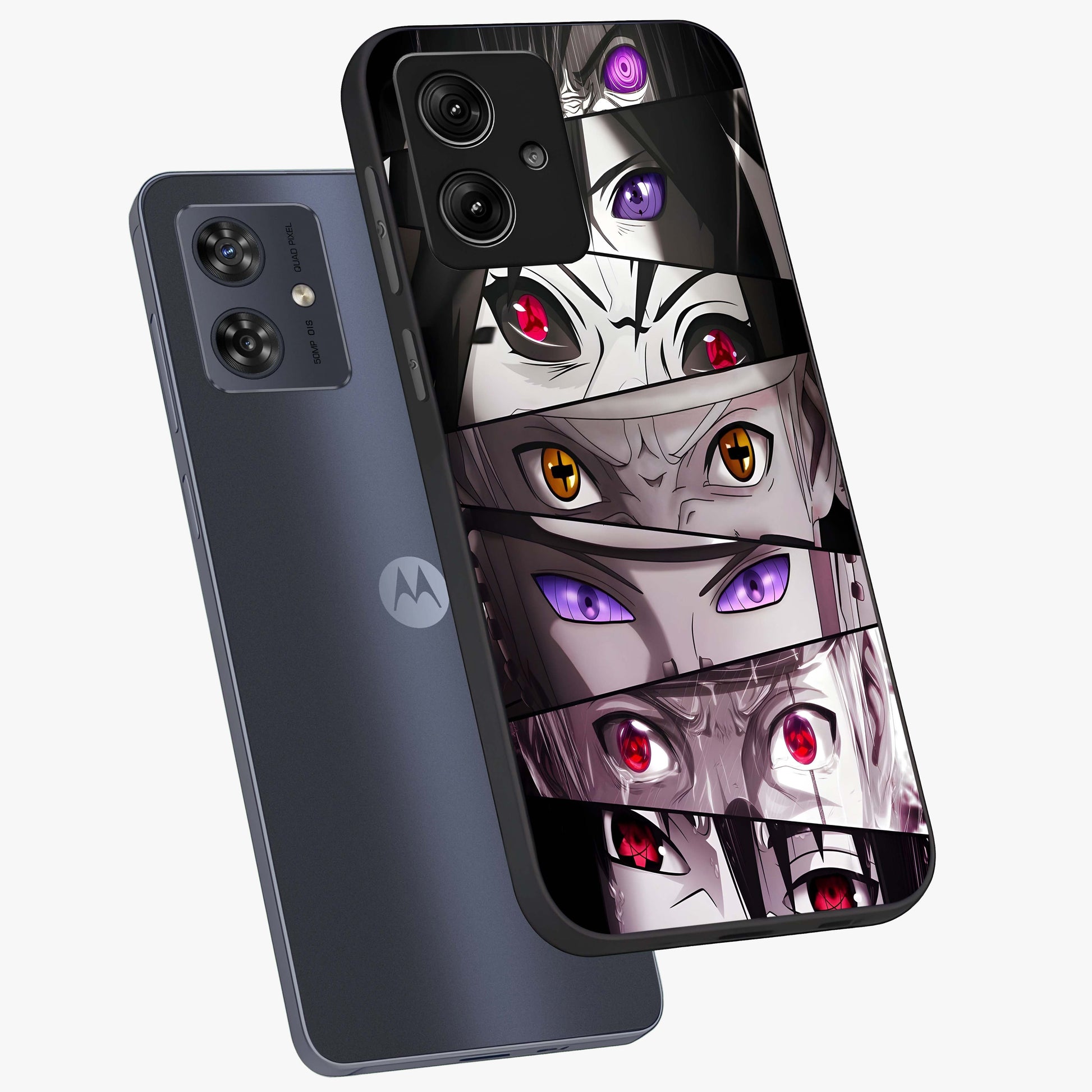 Eyes of Destiny Glass Case displayed in angled mockup highlighting bold eye illustration with mystical aesthetic style.