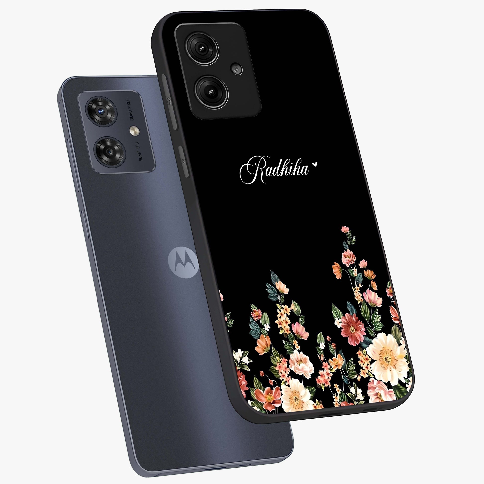 Floral Design With a Custom Personalized Name Glass Case displayed in angled mockup highlighting elegant floral pattern with custom name feature.