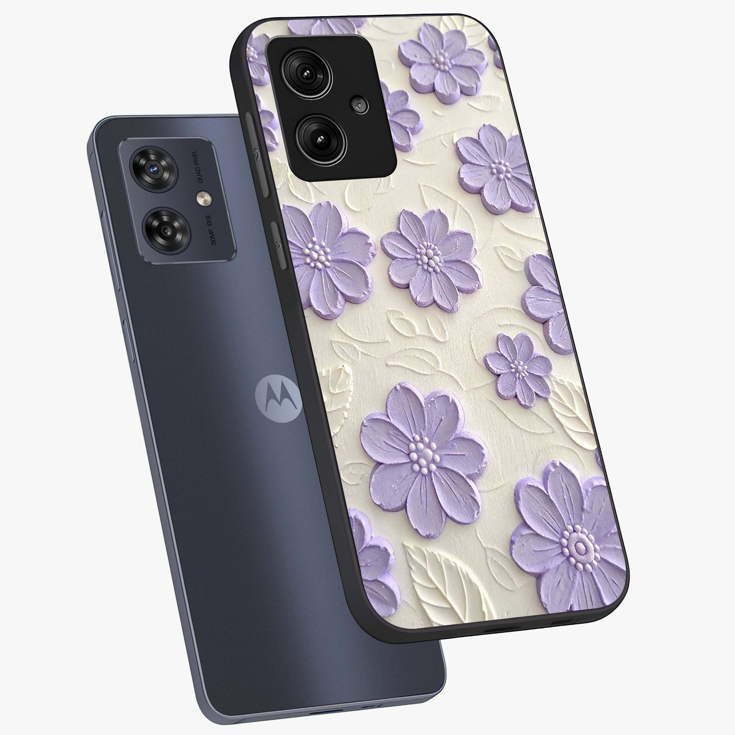 Floral Wall Art With Purple Flowers Glass Case displayed in angled mockup highlighting vibrant purple floral illustration with artistic aesthetic.