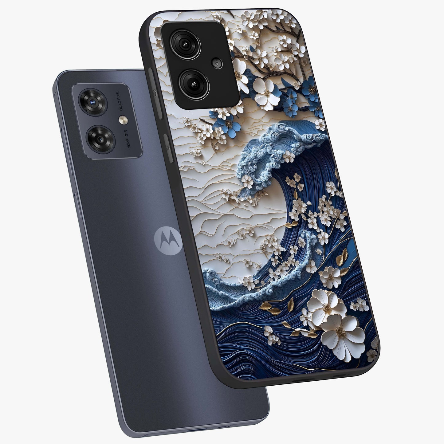 Floral Wave Origami Glass Case displayed in angled mockup highlighting geometric origami flower design with modern aesthetic style.