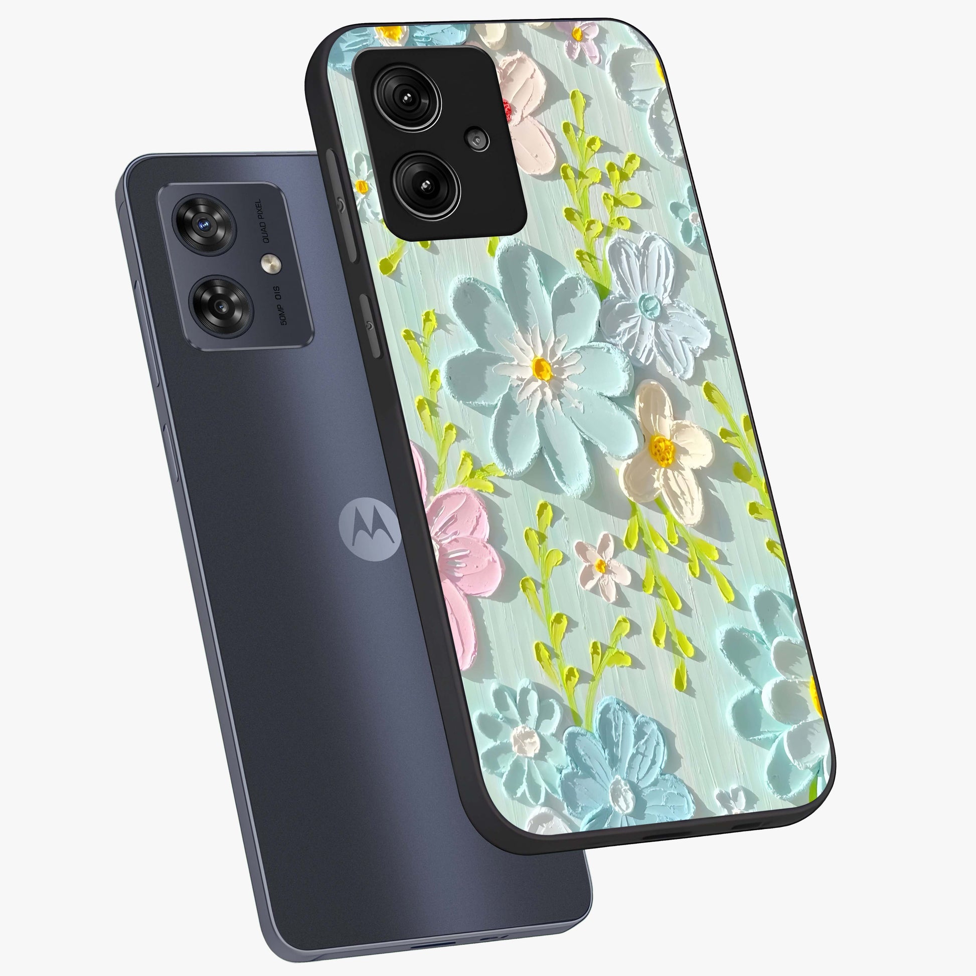 Frosted Petal Garden Glass Case displayed in angled mockup highlighting delicate flower petal design with calm garden aesthetic.