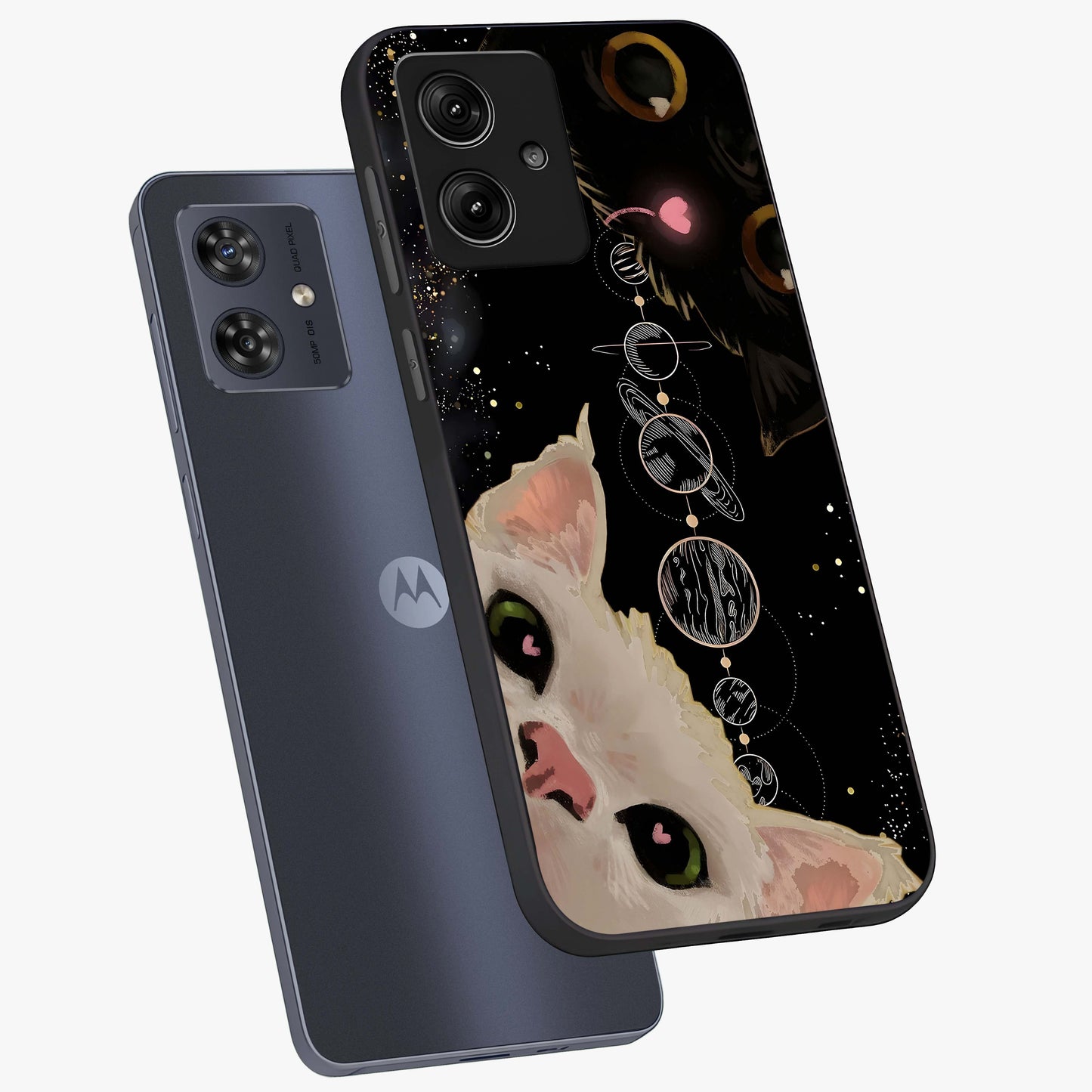 Galactic Cat Glass Case displayed in angled mockup highlighting celestial feline illustration with galaxy aesthetic style.
