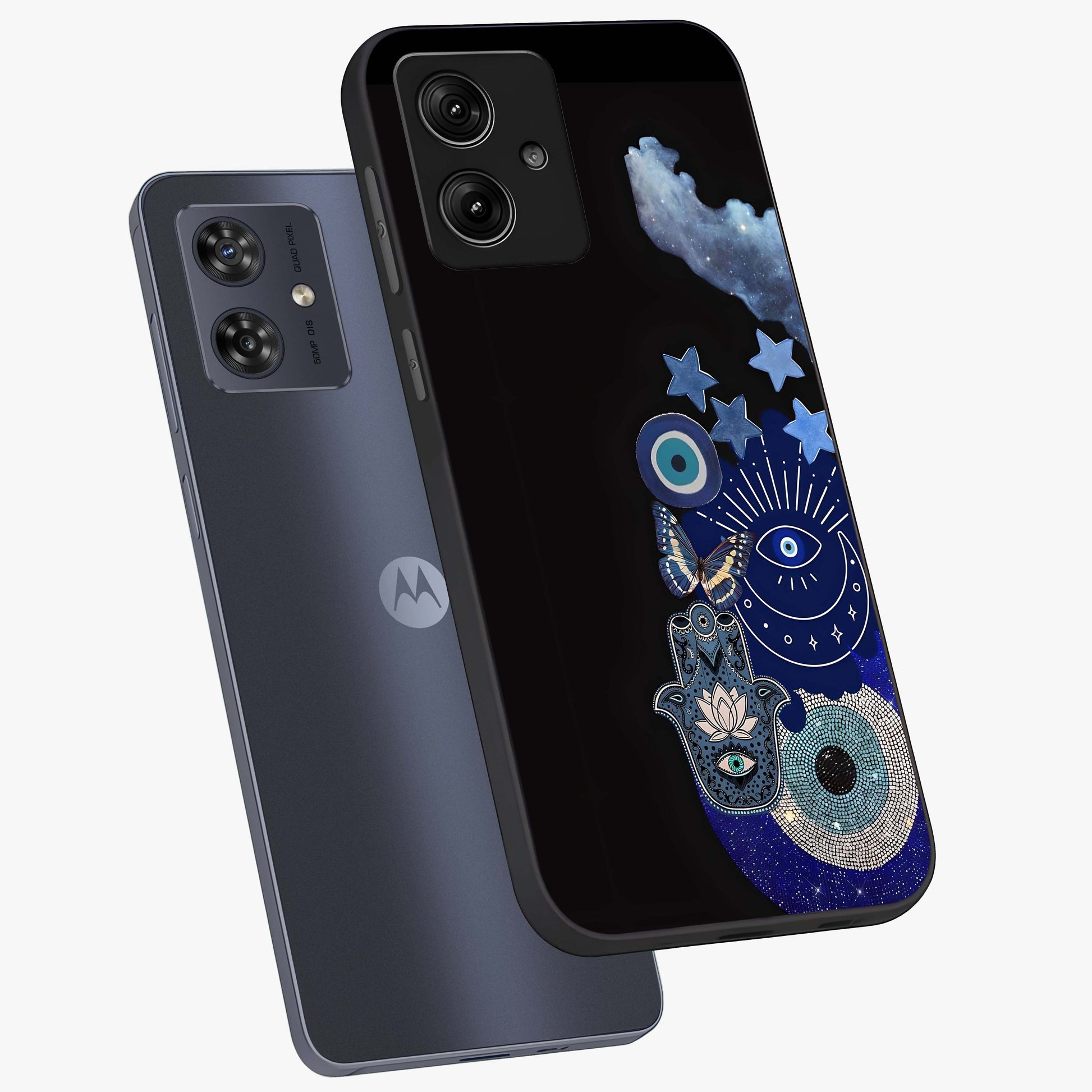 Galactic Charm Cluster Glass Case displayed in angled mockup highlighting luminous galaxy inspired design with dreamy aesthetic.