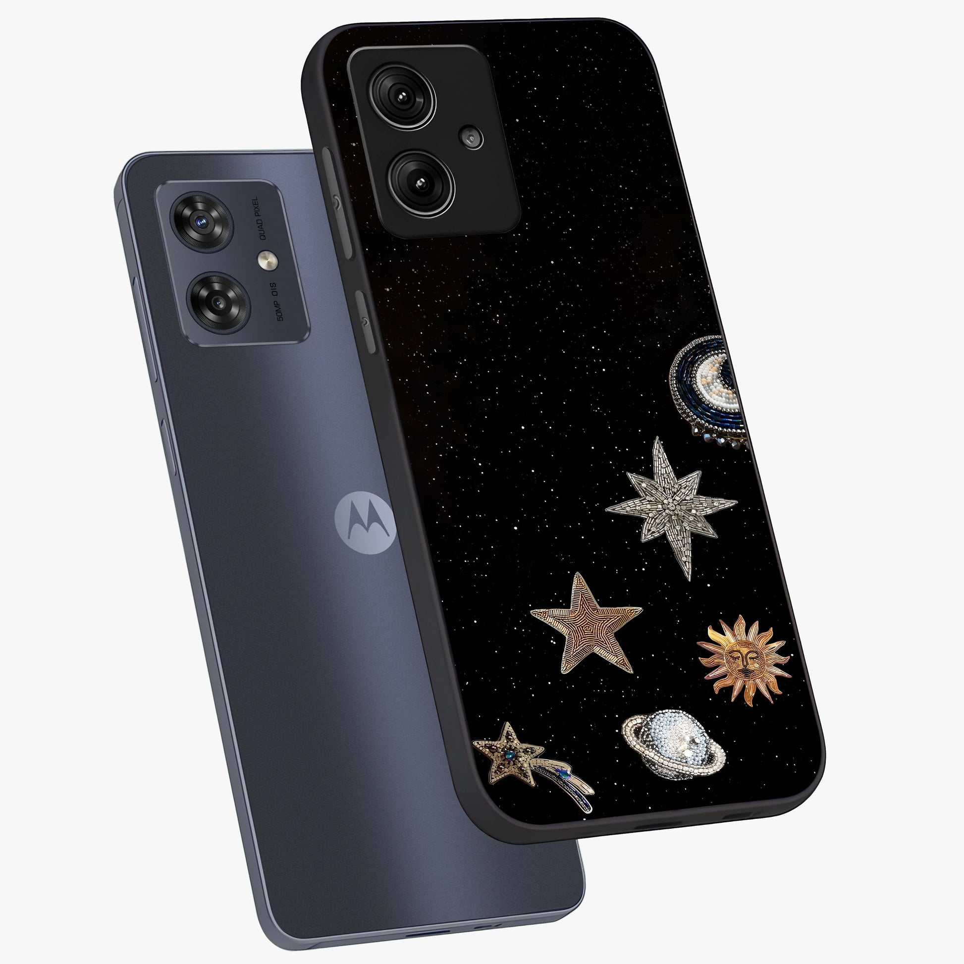 Galactic Charm Glow Glass Case displayed in angled mockup highlighting luminous galaxy inspired design with dreamy aesthetic.