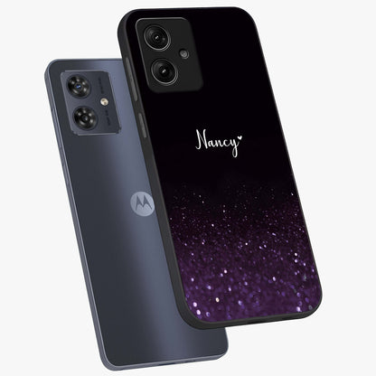 Glittery Purple Bokeh Custom Name Glass Case displayed in angled mockup highlighting glitter bokeh pattern with custom name feature.