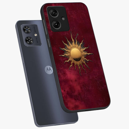 Golden Sun Minimalism Glass Case displayed in angled mockup highlighting clean sun symbol design with modern minimal aesthetic.