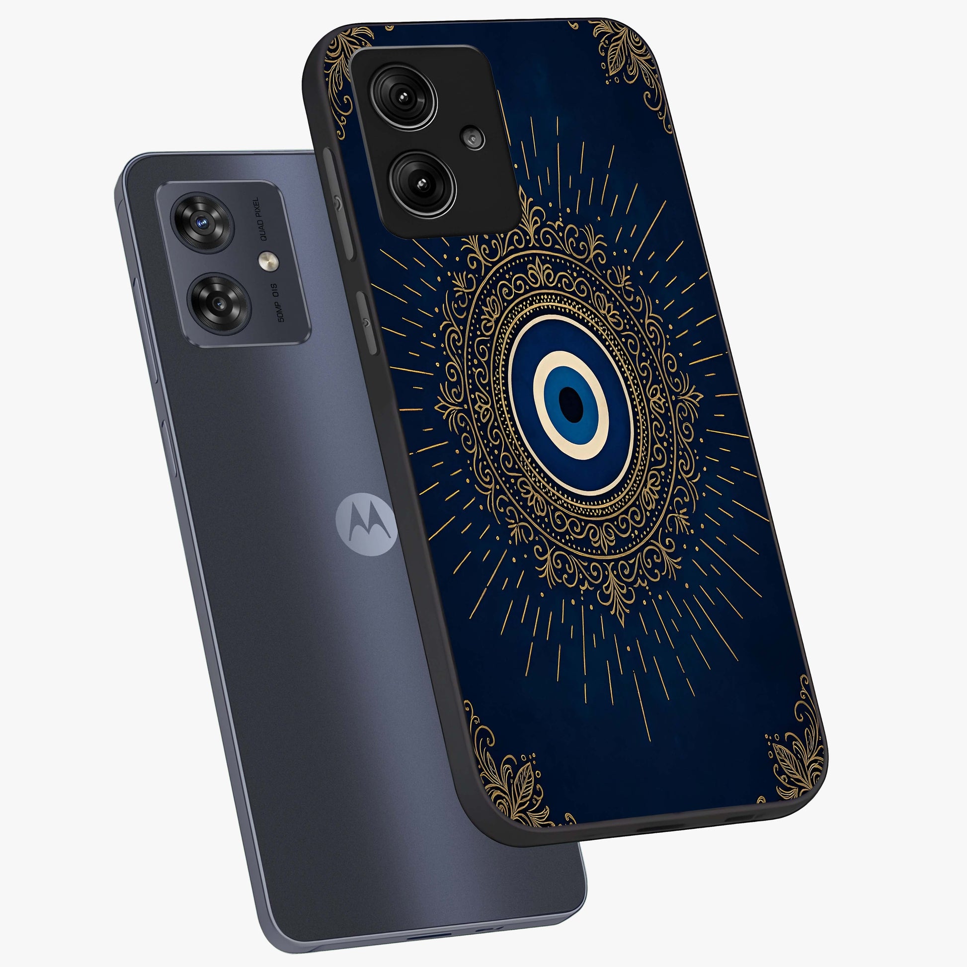 Golden Celestial Charm Glass Case displayed in angled mockup highlighting sparkling cosmic charm design with celestial aesthetic.