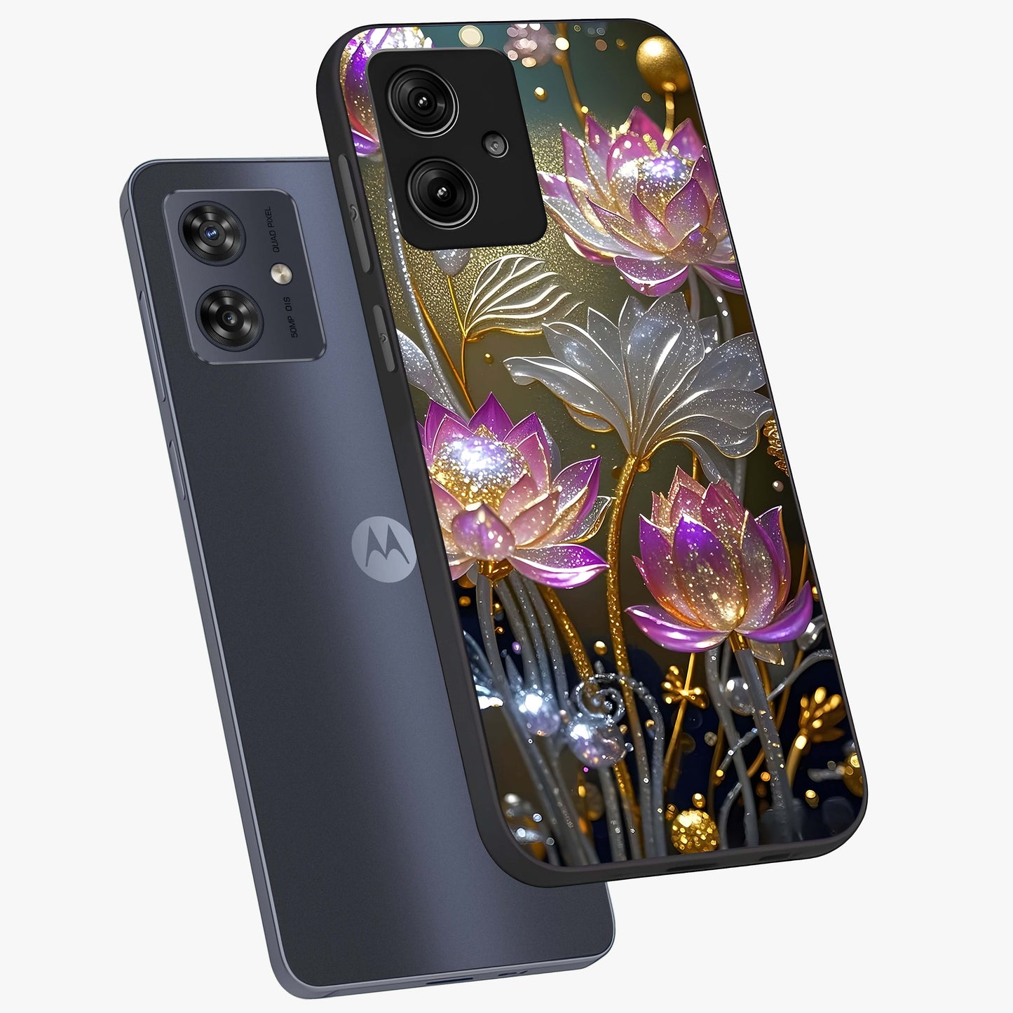 Golden Floral Majesty Glass Case displayed in angled mockup highlighting elegant flower design with royal golden aesthetic.