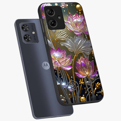 Golden Floral Majesty Glass Case displayed in angled mockup highlighting elegant flower design with royal golden aesthetic.