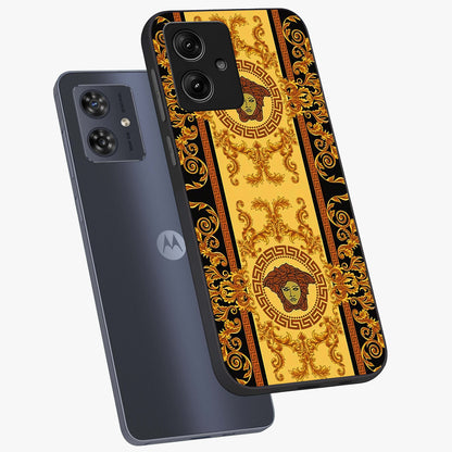 Golden Lotus Glow Glass Case displayed in angled mockup highlighting radiant lotus illustration with spiritual aesthetic.