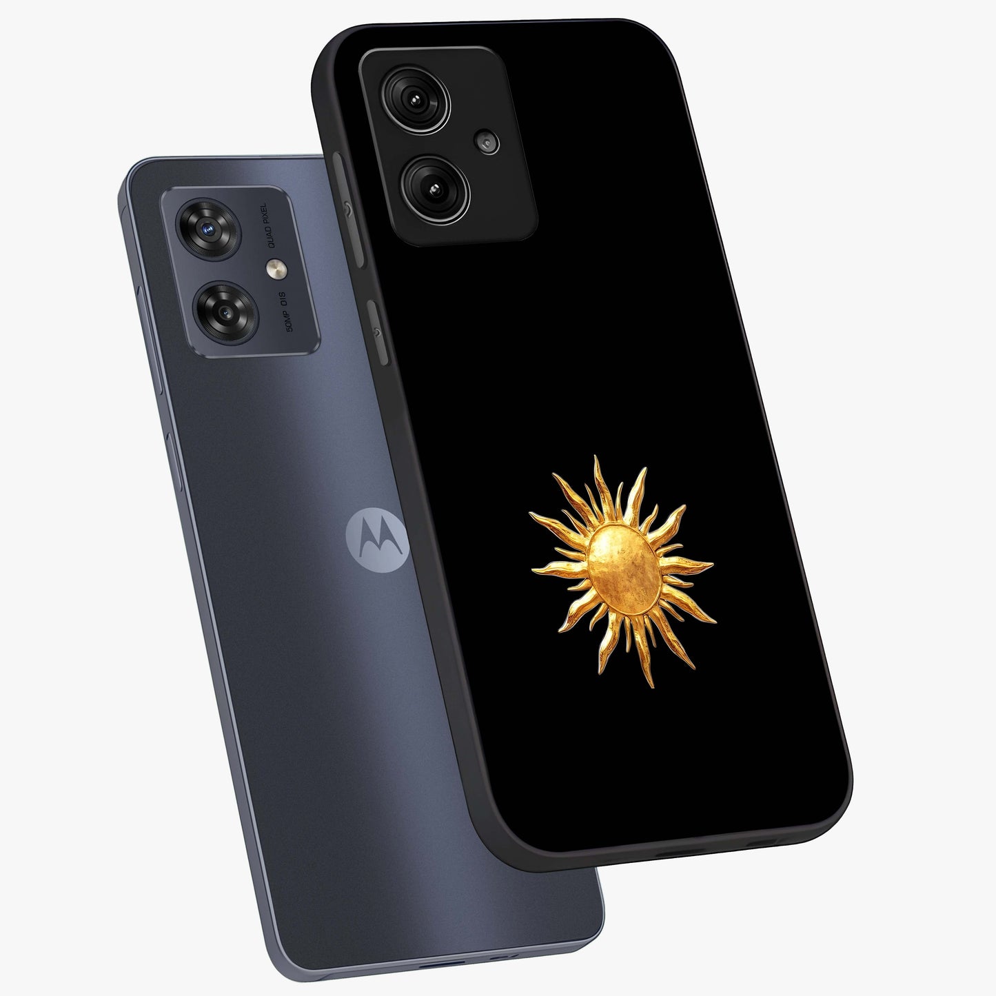 Golden Sun Minimalism Glass Case displayed in angled mockup highlighting eerie shadow illustration with gothic aesthetic.