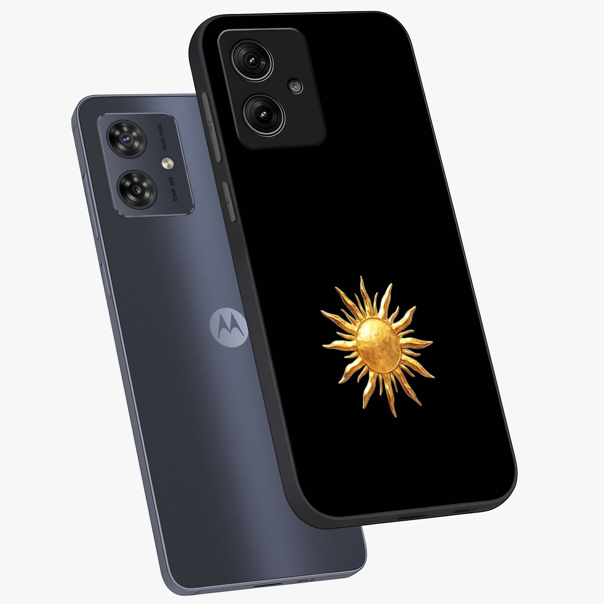 Golden Sun Minimalism Glass Case displayed in angled mockup highlighting eerie shadow illustration with gothic aesthetic.