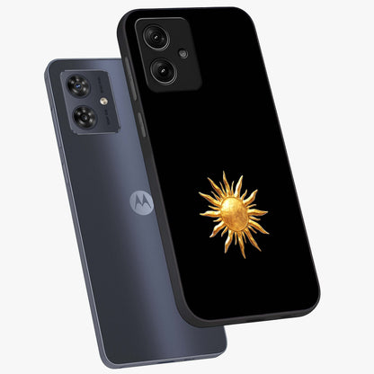 Golden Sun Minimalism Glass Case displayed in angled mockup highlighting eerie shadow illustration with gothic aesthetic.