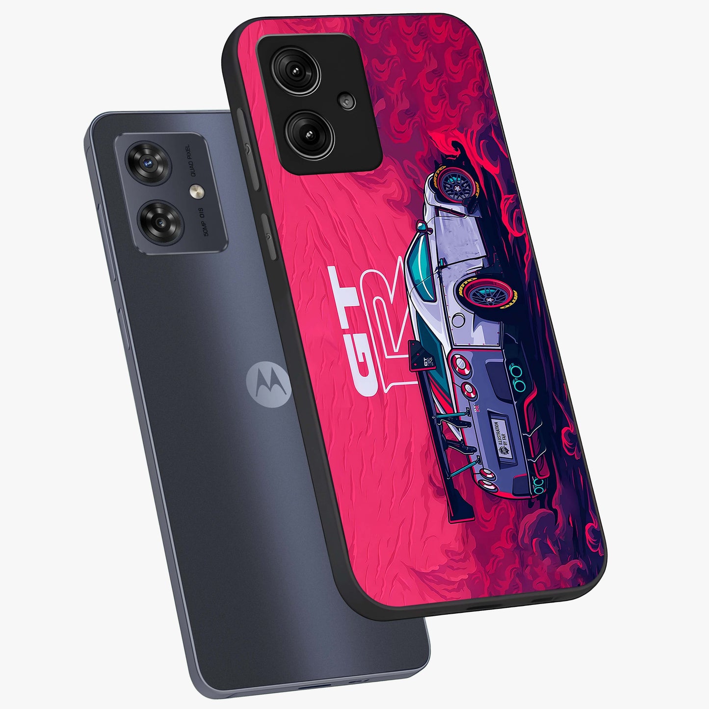 GT-R Car Pattern Glass Case displayed in angled mockup highlighting racing car graphic design with bold automotive aesthetic.