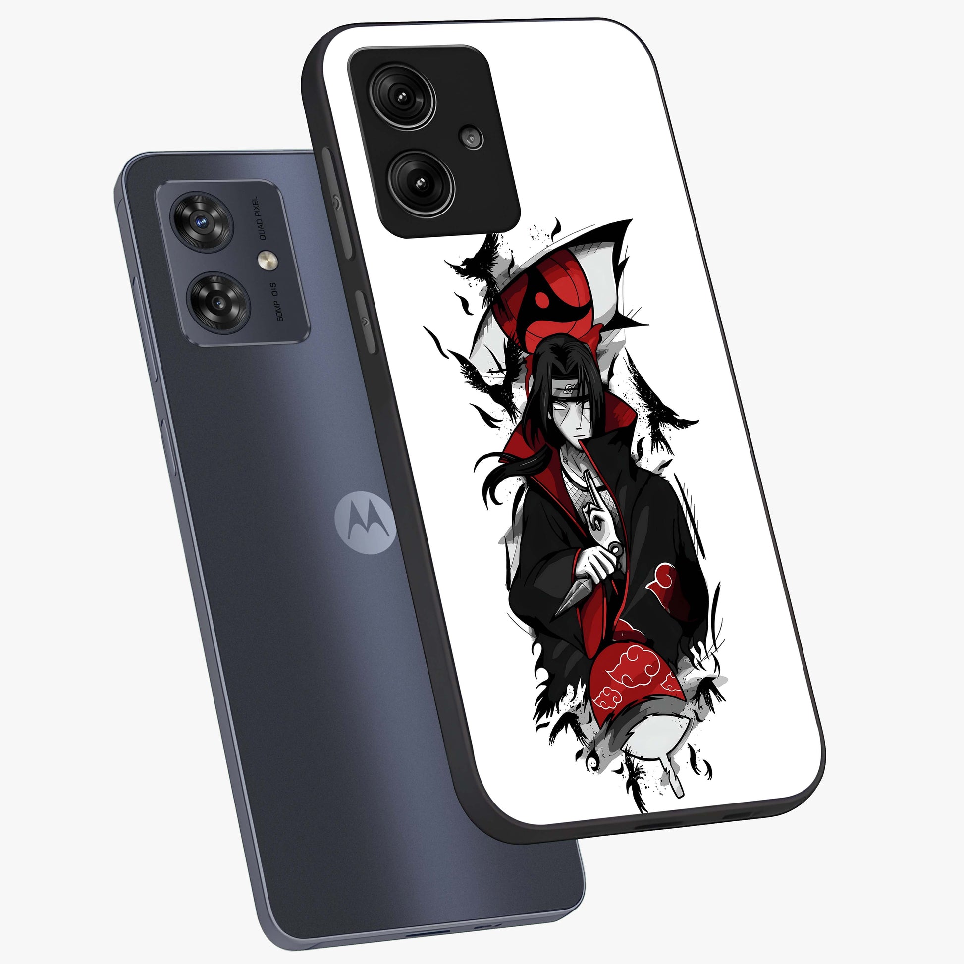 Itachi Limited Edition Naruto Anime Glass Case displayed in angled mockup highlighting dramatic anime illustration with bold action aesthetic.